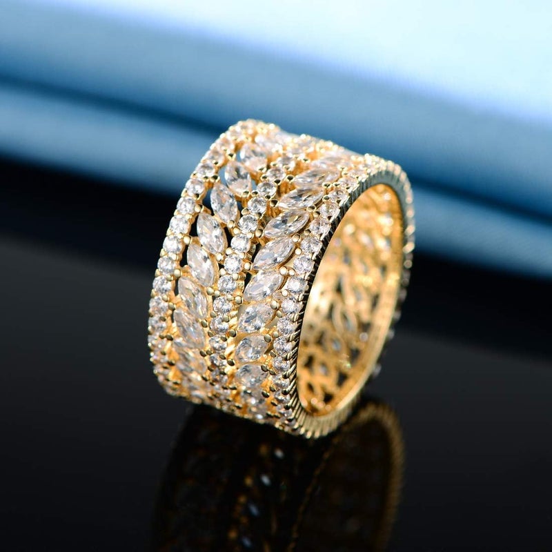Gemsme 14K Yellow Gold Plated Marquise Cubic Zirconia Eternity Statement Ring for Women Size 9 - Image 3